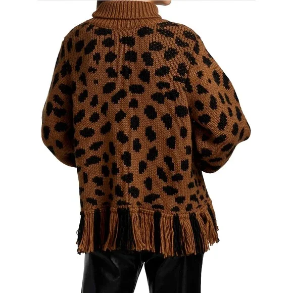 Farm Rio Leopard Fringe Sweater S Turtleneck Pullover Brown Black Knit Wool New - Picture 4 of 11